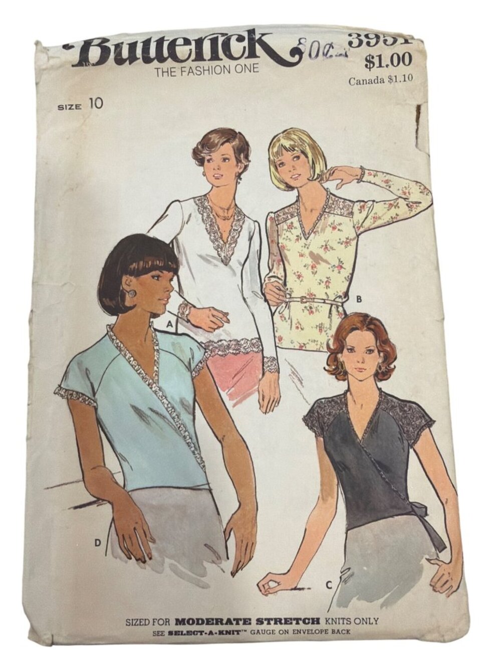 Butterick 3951 Vintage Sewing Pattern Womens Blouse Knit Tops Size 10